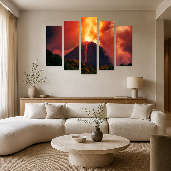 Erupting Volcano with Geometric Rhythm — five-panel wall art in frontal interior | 5wallart 56147 M3