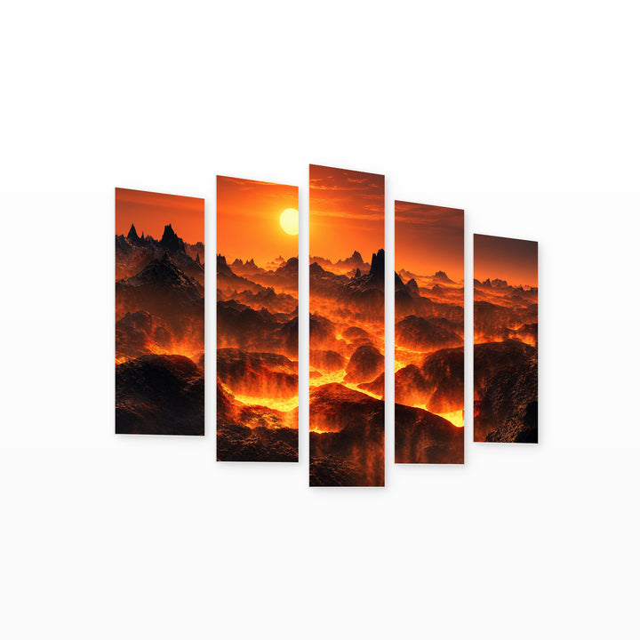 Moon and Hot Lava in Vivid Color — five-panel wall art on white background in perspective | 5wallart 56148 M1