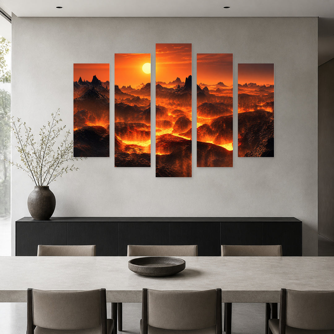 Moon and Hot Lava in Vivid Color — five-panel wall art in frontal interior | 5wallart 56148 M3