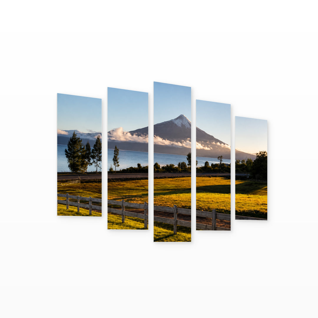 Osorno Volcano with Dramatic Contrast — five-panel wall art on white background in perspective | 5wallart 56152 M1