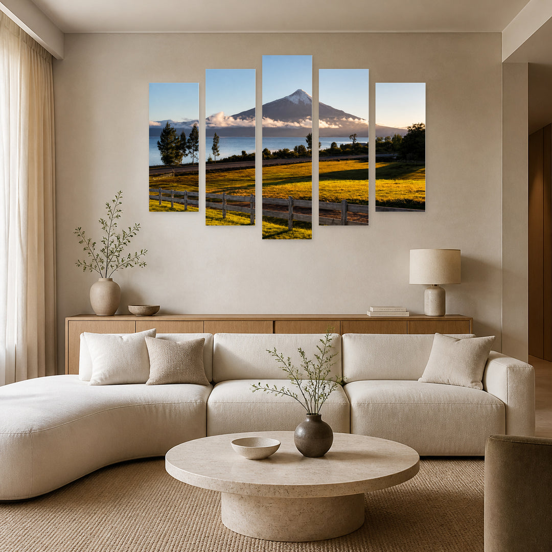 Osorno Volcano with Dramatic Contrast — five-panel wall art in alternate frontal interior | 5wallart 56152 M4