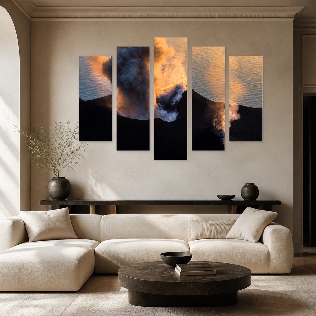 Volcano on Stromboli Island in Blue and Gold — five-panel wall art in frontal interior | 5wallart 56153 M3