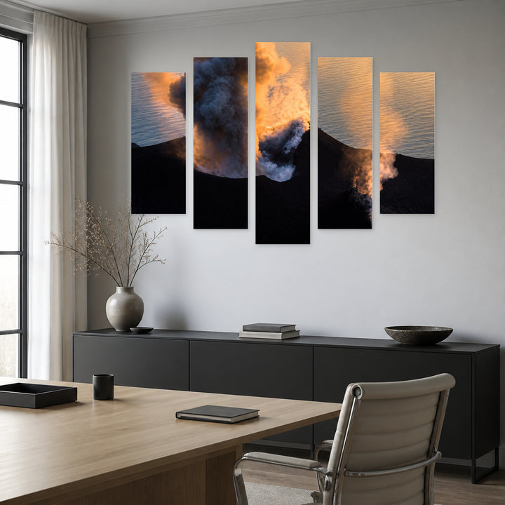 Volcano on Stromboli Island in Blue and Gold — five-panel wall art in alternate frontal interior | 5wallart 56153 M4