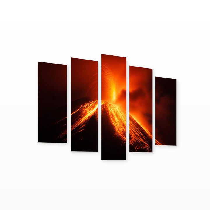 Nighttime Volcano Eruption with Geometric Rhythm — five-panel wall art on white background in perspective | 5wallart 56154 M1
