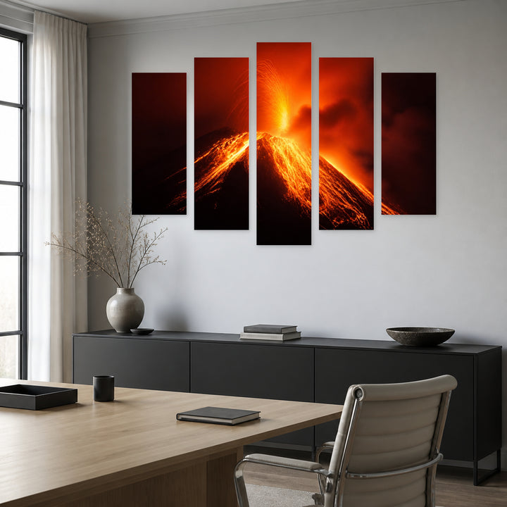 Nighttime Volcano Eruption with Geometric Rhythm — five-panel wall art in frontal interior | 5wallart 56154 M3