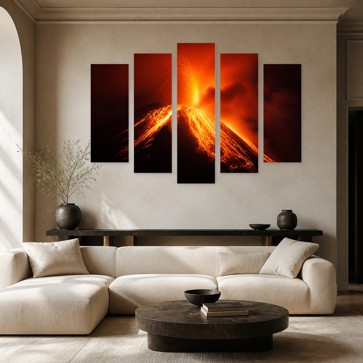 Nighttime Volcano Eruption with Geometric Rhythm — five-panel wall art in alternate frontal interior | 5wallart 56154 M4
