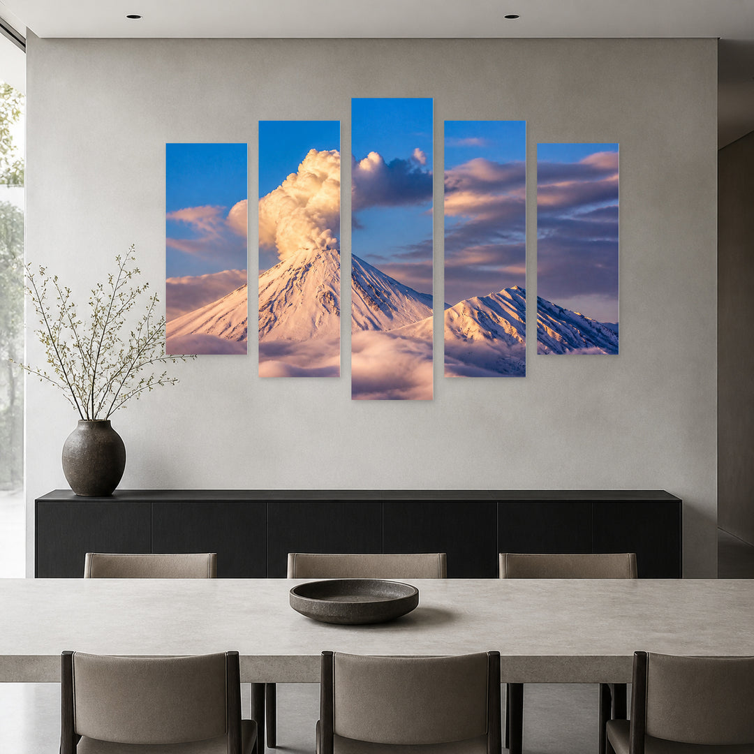 Volcano in Russia with Dramatic Contrast — five-panel wall art in alternate frontal interior | 5wallart 56155 M4