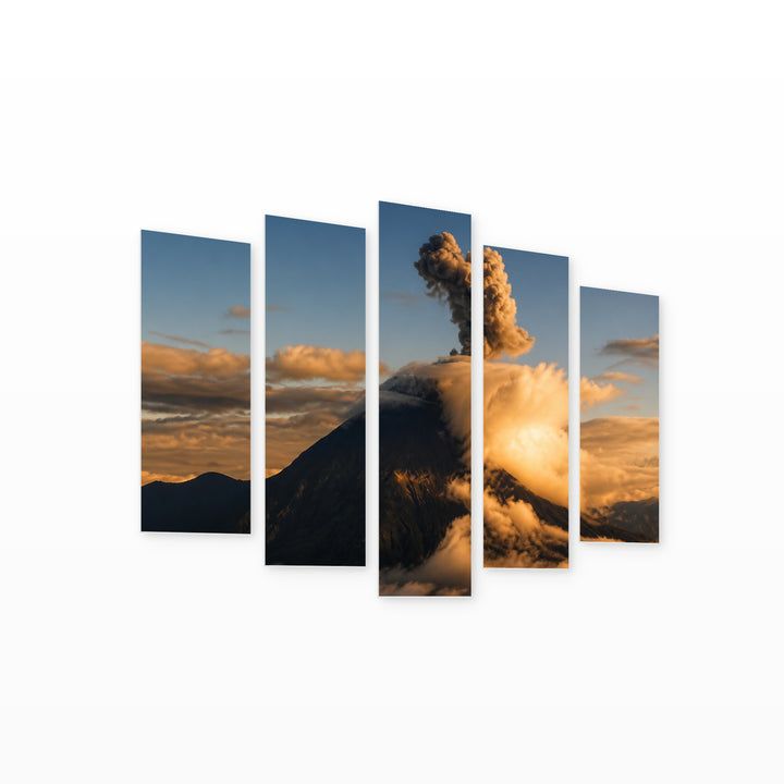 Landscape with Volcano at Night — five-panel wall art on white background in perspective | 5wallart 56156 M1