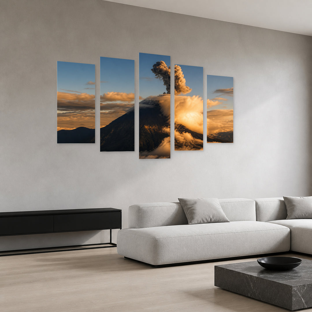 Landscape with Volcano at Night — five-panel wall art in perspective interior | 5wallart 56156 M2