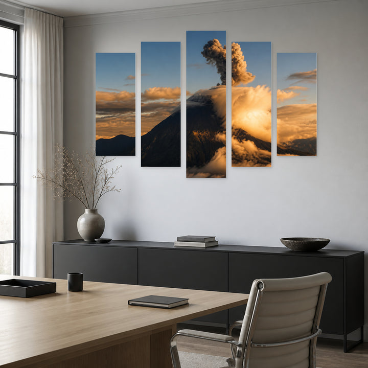Landscape with Volcano at Night — five-panel wall art in frontal interior | 5wallart 56156 M3