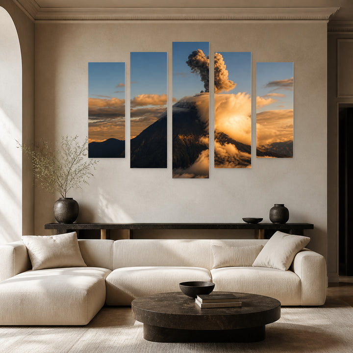 Landscape with Volcano at Night — five-panel wall art in alternate frontal interior | 5wallart 56156 M4