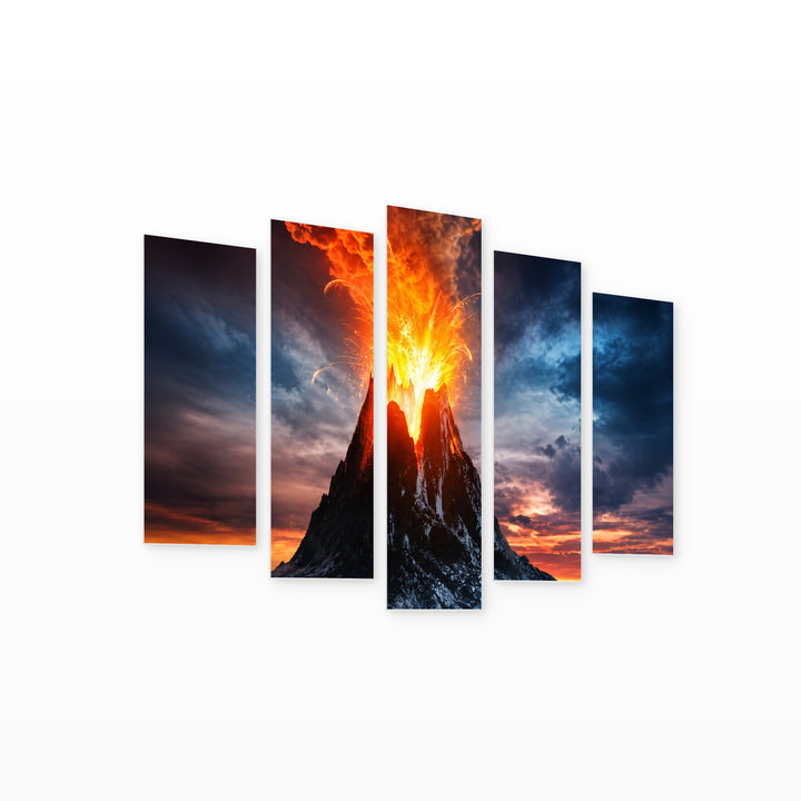 Volcanic Mountain Erupting with Dramatic Contrast — five-panel wall art on white background in perspective | 5wallart 56157 M1