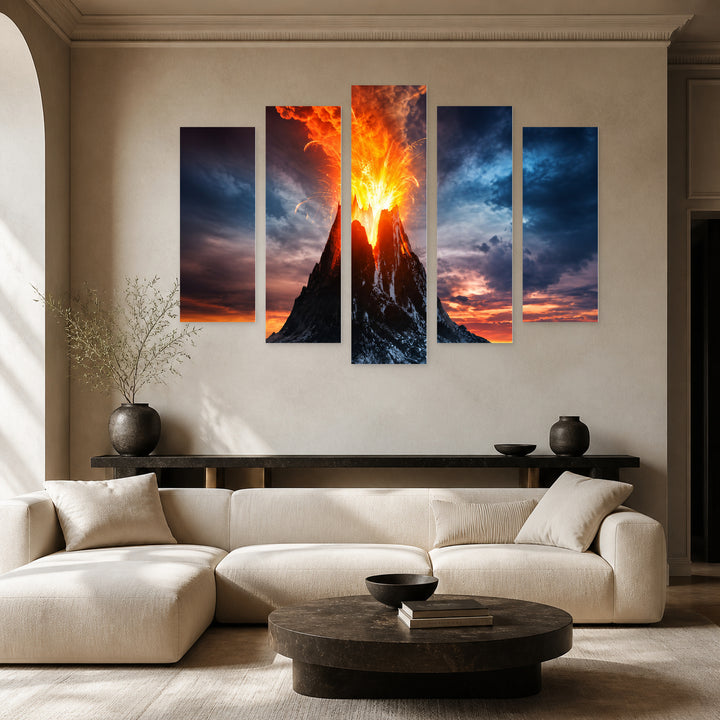 Volcanic Mountain Erupting with Dramatic Contrast — five-panel wall art in frontal interior | 5wallart 56157 M3
