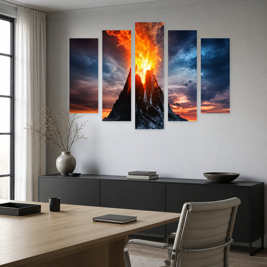 Volcanic Mountain Erupting with Dramatic Contrast — five-panel wall art in alternate frontal interior | 5wallart 56157 M4