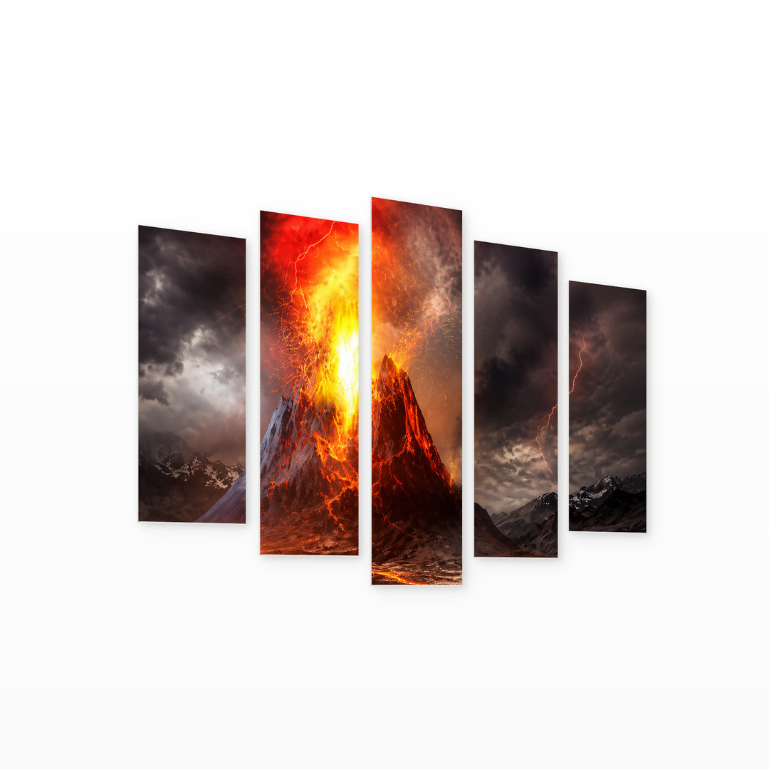 Volcano Eruption with Dramatic Contrast — five-panel wall art on white background in perspective | 5wallart 56159 M1