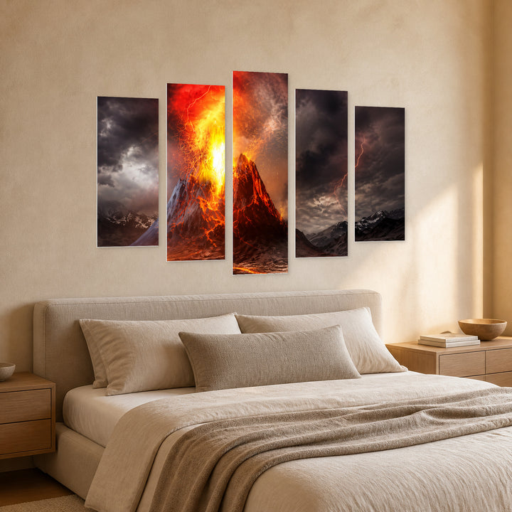 Volcano Eruption with Dramatic Contrast — five-panel wall art in perspective interior | 5wallart 56159 M2