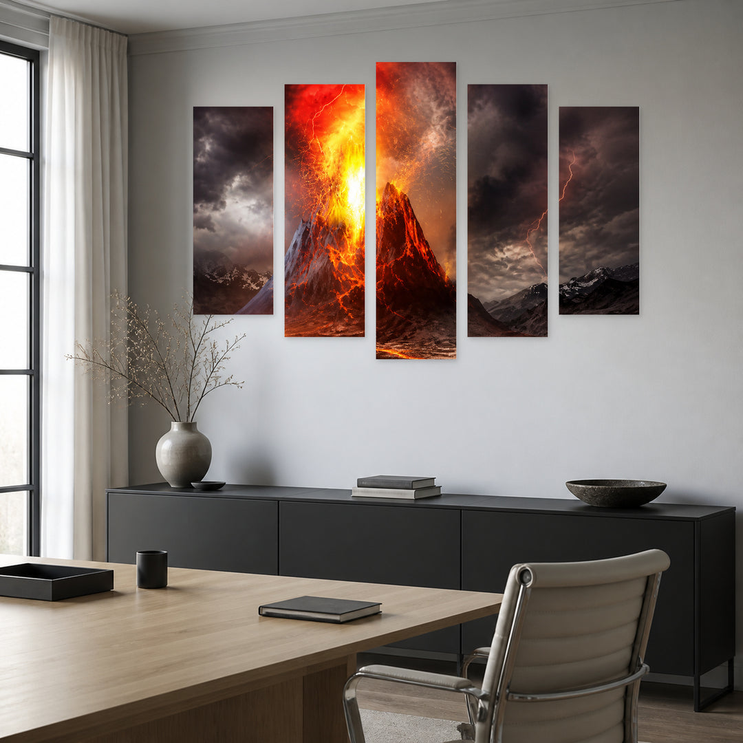 Volcano Eruption with Dramatic Contrast — five-panel wall art in alternate frontal interior | 5wallart 56159 M4