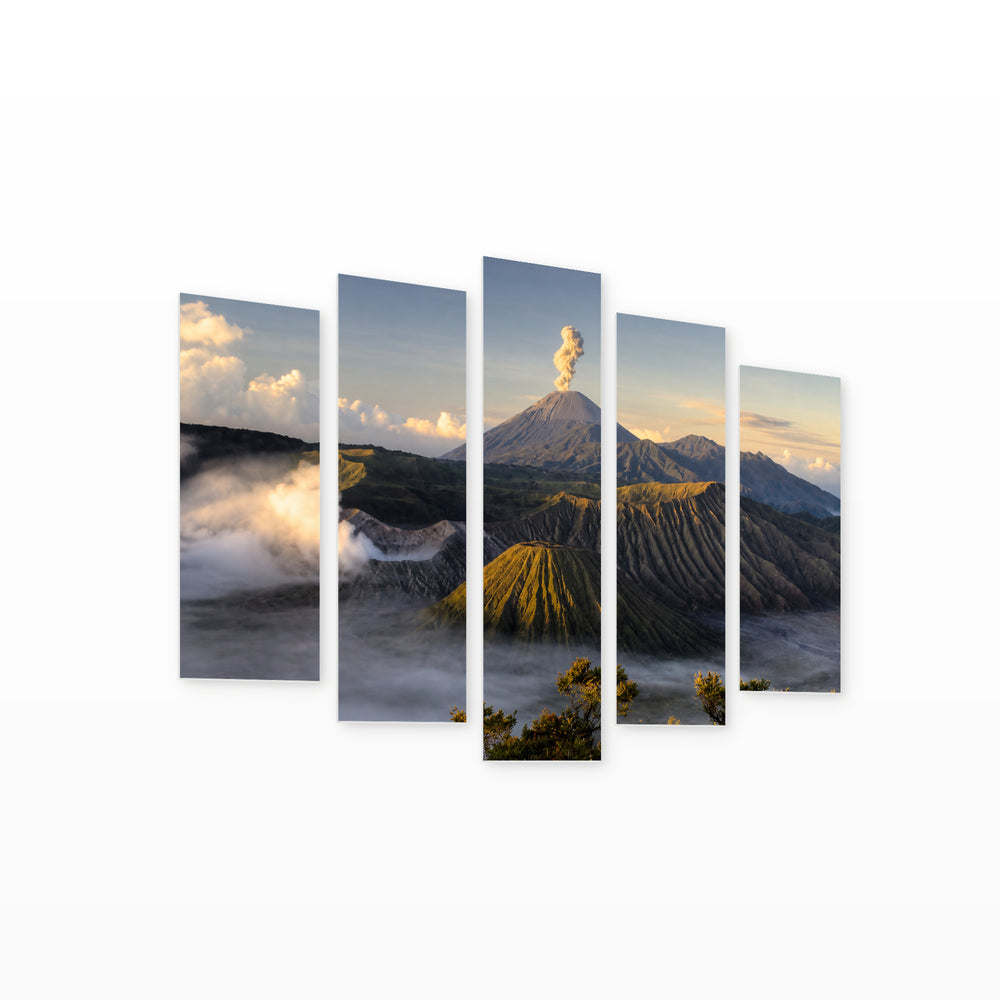 Mount Bromo Volcano in Serene Light — five-panel wall art on white background in perspective | 5wallart 56160 M1