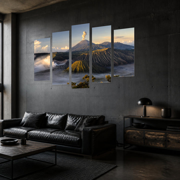 Mount Bromo Volcano in Serene Light — five-panel wall art in perspective interior | 5wallart 56160 M2