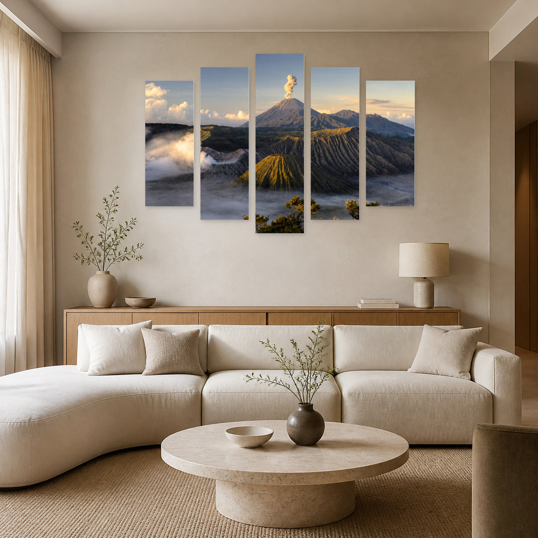 Mount Bromo Volcano in Serene Light — five-panel wall art in alternate frontal interior | 5wallart 56160 M4