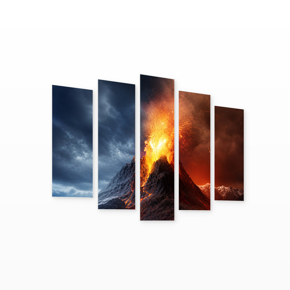 Erupting Lava from a Volcano with Dramatic Contrast — five-panel wall art on white background in perspective | 5wallart 56161 M1