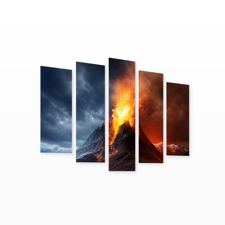 Erupting Lava from a Volcano with Dramatic Contrast — five-panel wall art on white background in perspective | 5wallart 56161 M1