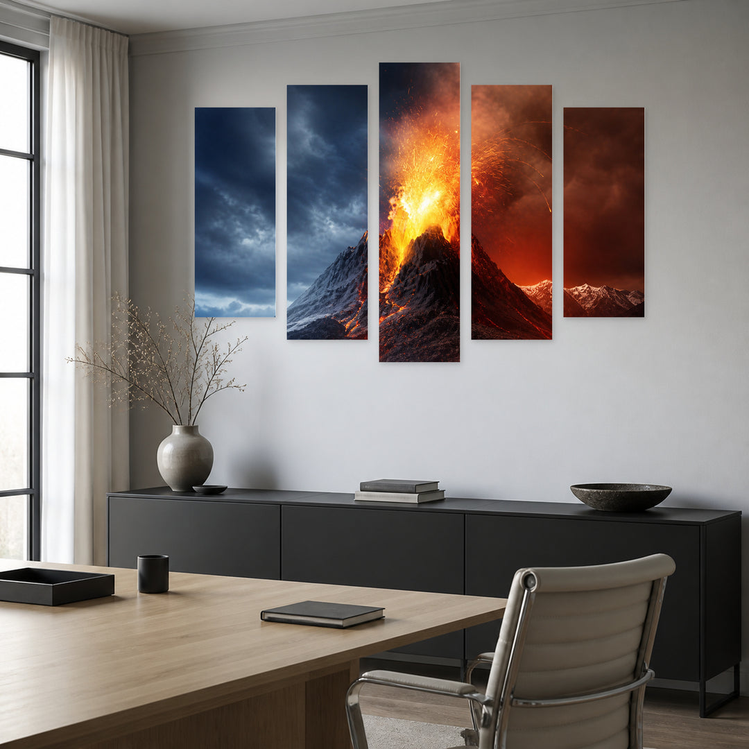 Erupting Lava from a Volcano with Dramatic Contrast — five-panel wall art in alternate frontal interior | 5wallart 56161 M4