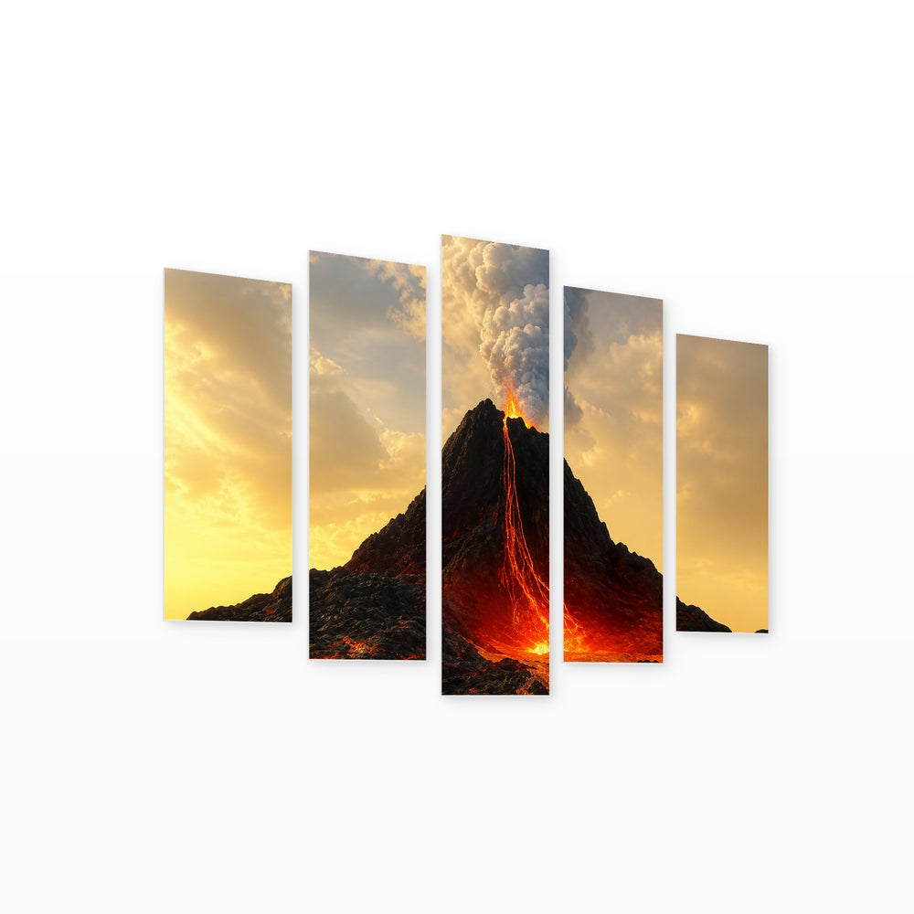 Active Volcano in Vivid Color — five-panel wall art on white background in perspective | 5wallart 56162 M1