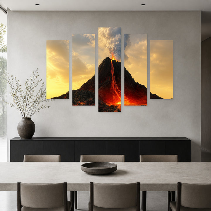 Active Volcano in Vivid Color — five-panel wall art in frontal interior | 5wallart 56162 M3