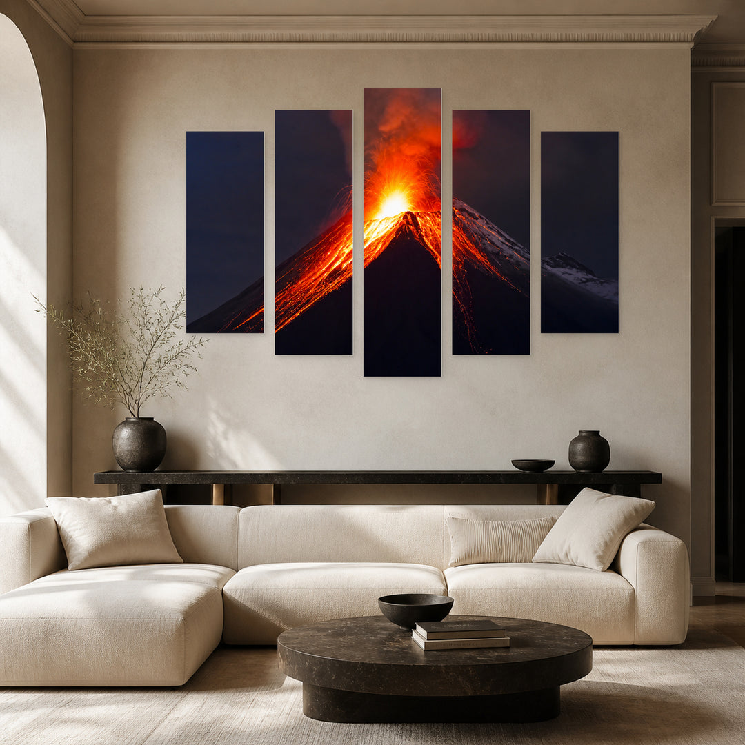 Eruption of the Tungurahua Volcano in Vivid Color — five-panel wall art in frontal interior | 5wallart 56163 M3