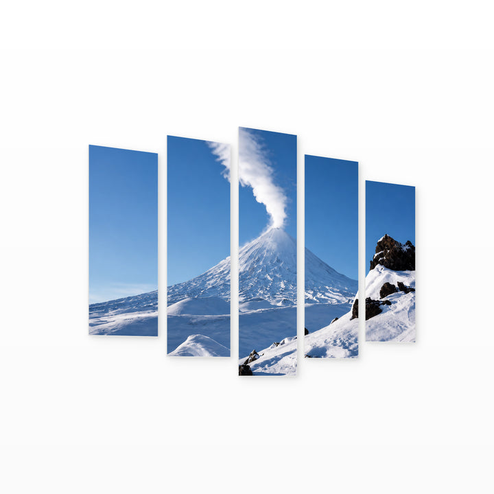 Active Volcano on the Kamchatka Peninsula Landscape Study — five-panel wall art on white background in perspective | 5wallart 56164 M1