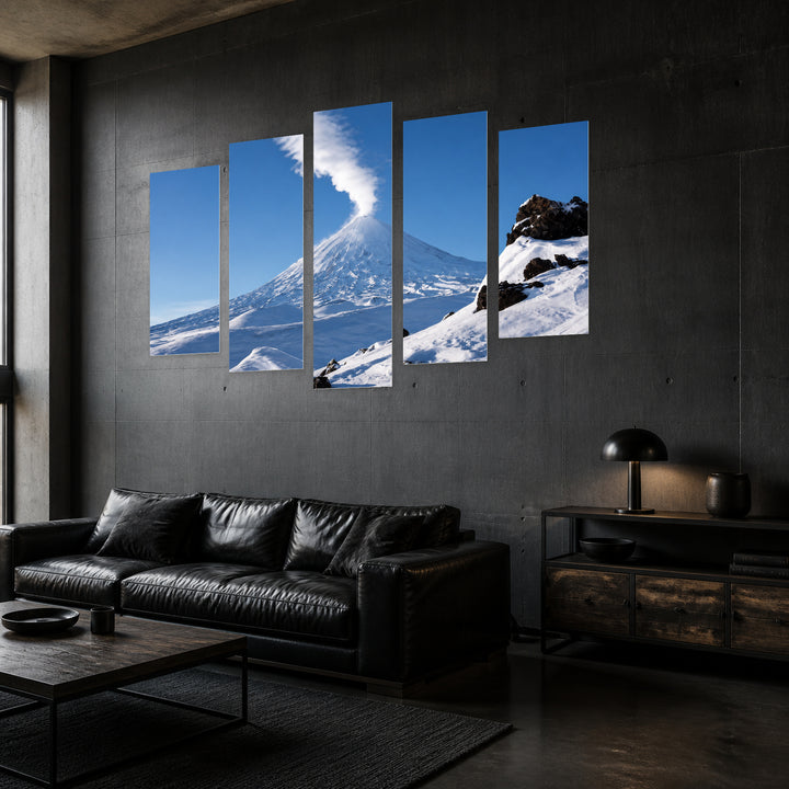 Active Volcano on the Kamchatka Peninsula Landscape Study — five-panel wall art in perspective interior | 5wallart 56164 M2
