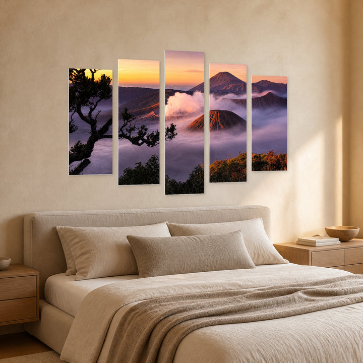 Mount Bromo in Indonesia with Dramatic Contrast — five-panel wall art in perspective interior | 5wallart 56165 M2