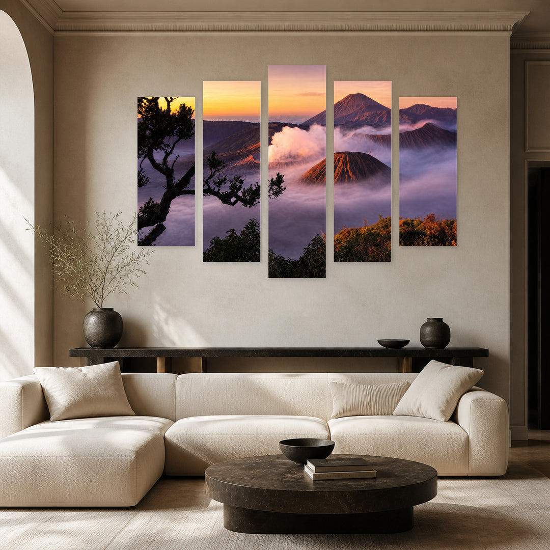 Mount Bromo in Indonesia with Dramatic Contrast — five-panel wall art in frontal interior | 5wallart 56165 M3