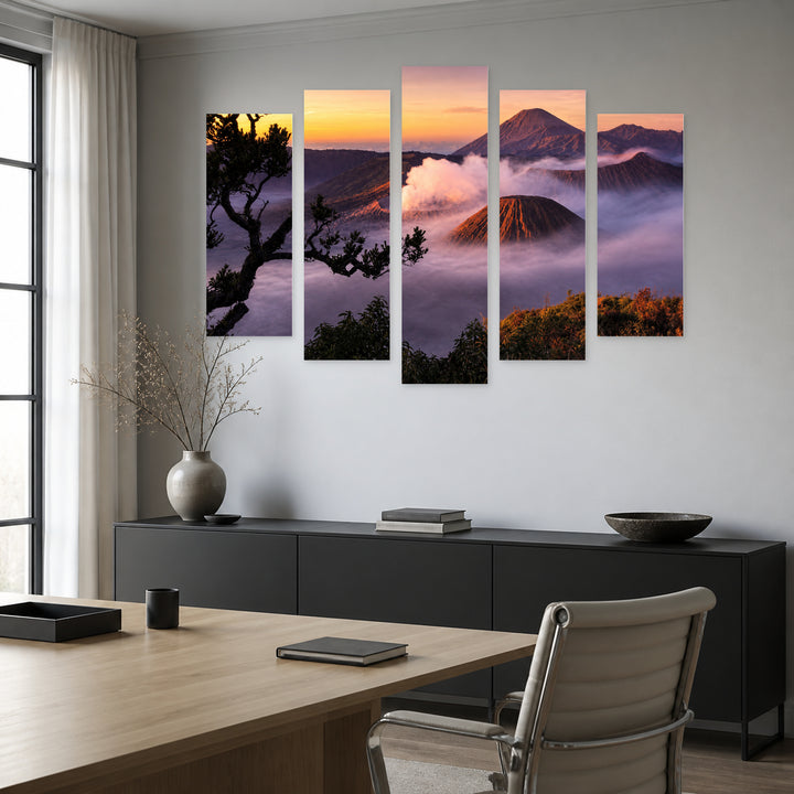 Mount Bromo in Indonesia with Dramatic Contrast — five-panel wall art in alternate frontal interior | 5wallart 56165 M4