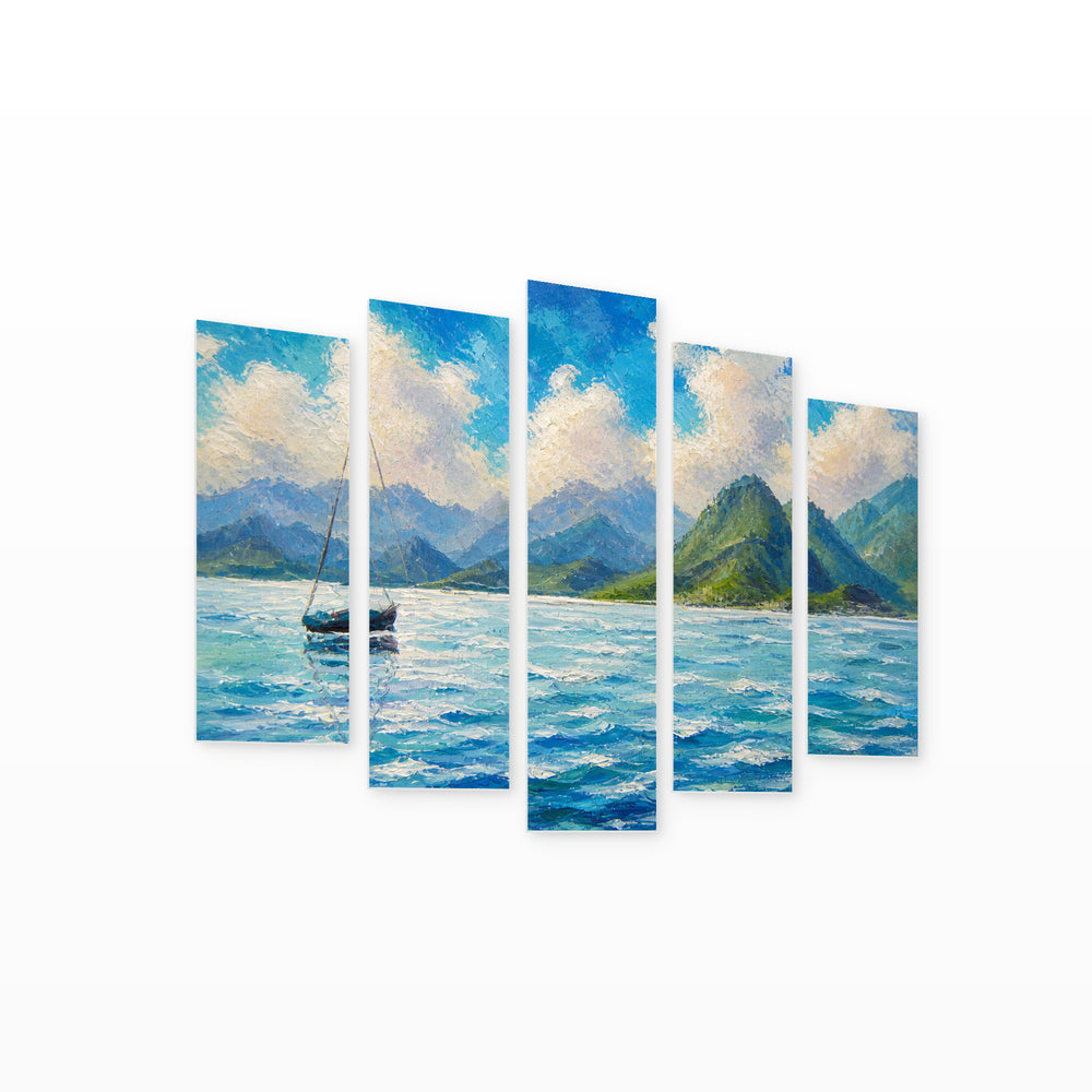 A Seascape Boat, Yacht, Sailboat in Blue Turquoise — five-panel wall art on white background in perspective | 5wallart 56166 M1