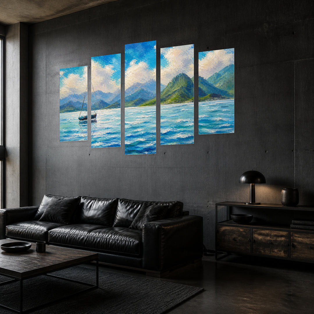 A Seascape Boat, Yacht, Sailboat in Blue Turquoise — five-panel wall art in perspective interior | 5wallart 56166 M2