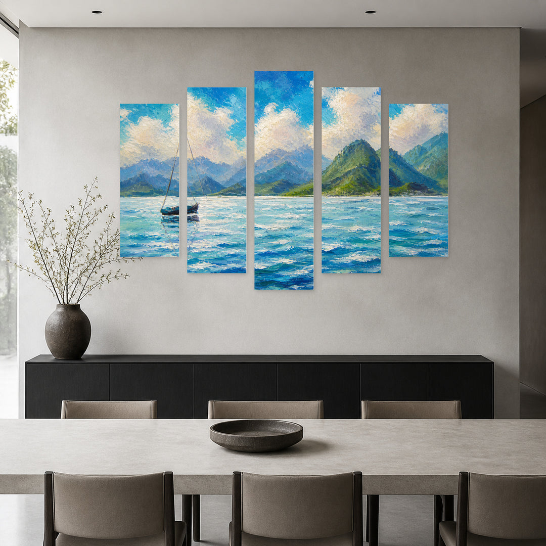 A Seascape Boat, Yacht, Sailboat in Blue Turquoise — five-panel wall art in frontal interior | 5wallart 56166 M3