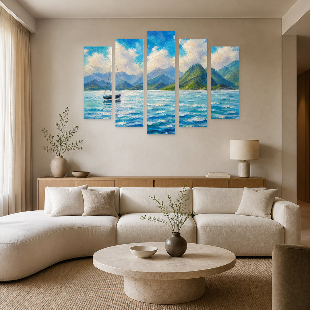 A Seascape Boat, Yacht, Sailboat in Blue Turquoise — five-panel wall art in alternate frontal interior | 5wallart 56166 M4