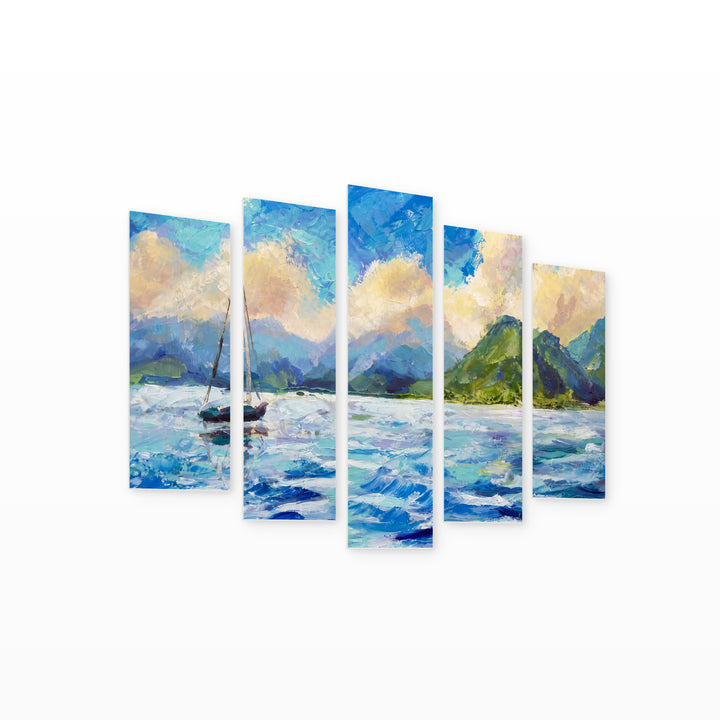 Of a Seascape with a Boat — five-panel wall art on white background in perspective | 5wallart 56167 M1