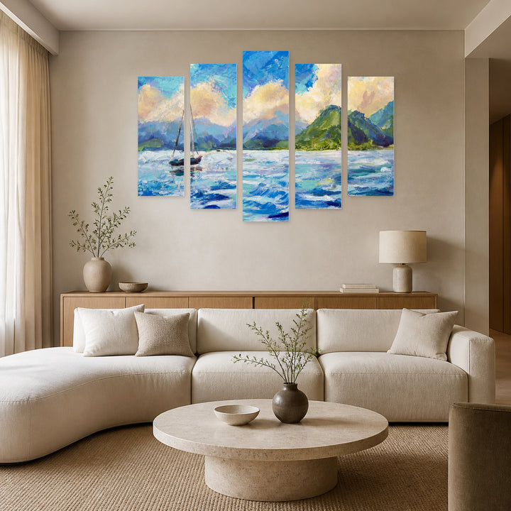 Of a Seascape with a Boat — five-panel wall art in frontal interior | 5wallart 56167 M3