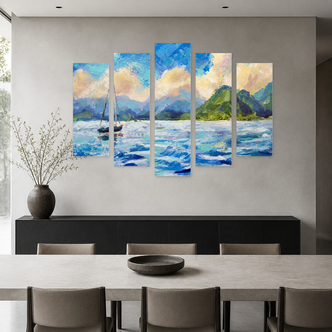 Of a Seascape with a Boat — five-panel wall art in alternate frontal interior | 5wallart 56167 M4