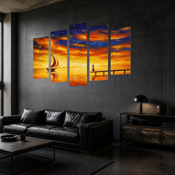 Of a Girl and a Sailing Ship — five-panel wall art in perspective interior | 5wallart 56168 M2