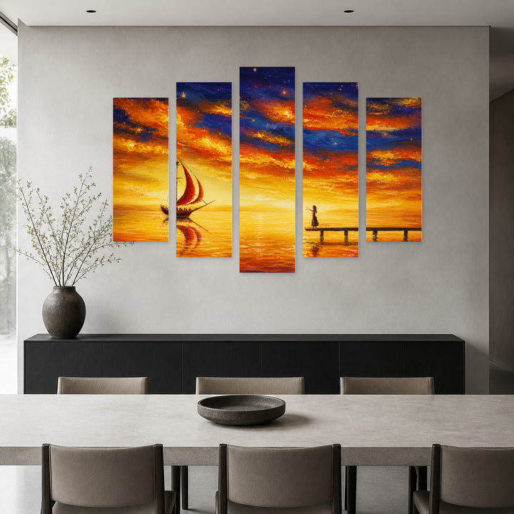 Of a Girl and a Sailing Ship — five-panel wall art in frontal interior | 5wallart 56168 M3