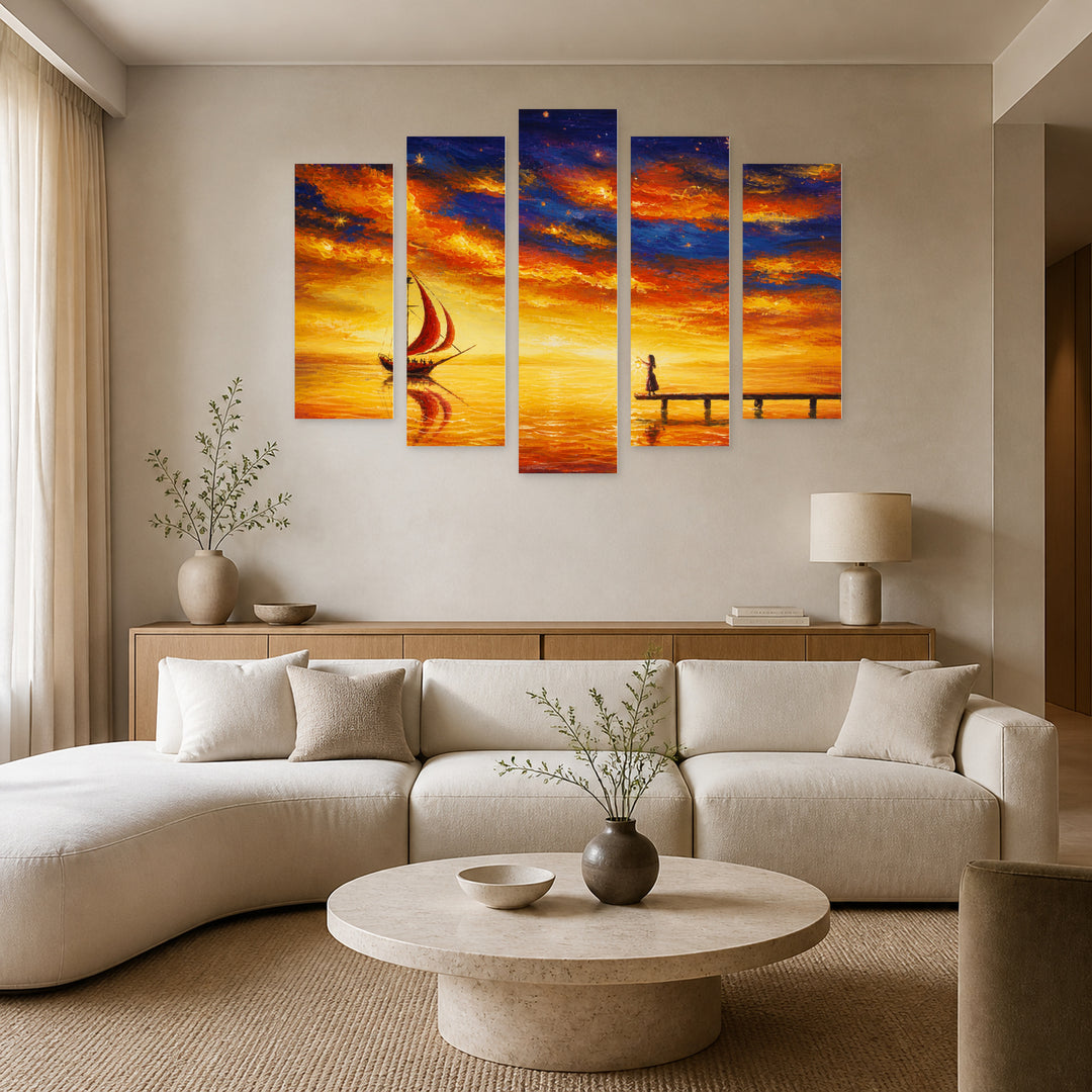 Of a Girl and a Sailing Ship — five-panel wall art in alternate frontal interior | 5wallart 56168 M4