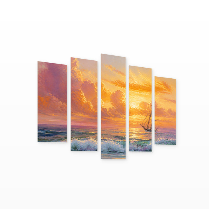 Golden Sunset over of Clouds — five-panel wall art on white background in perspective | 5wallart 56169 M1