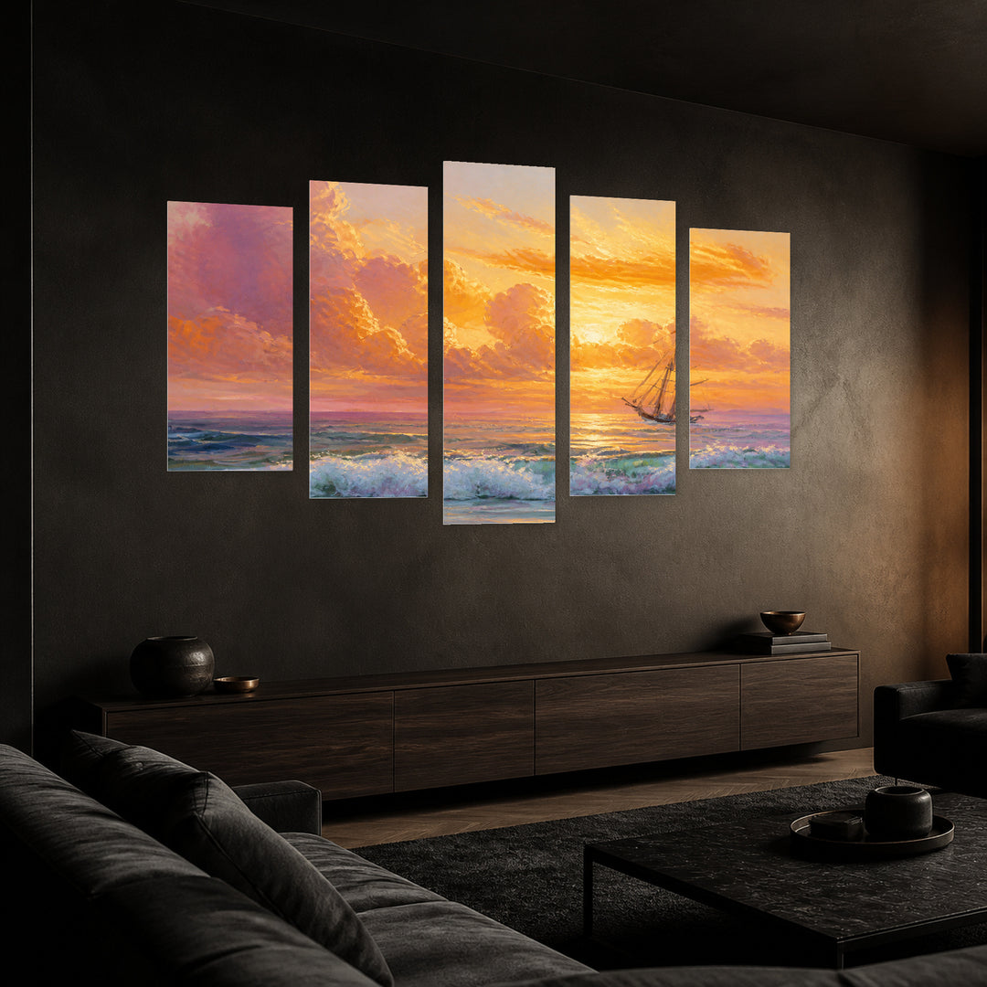 Golden Sunset over of Clouds — five-panel wall art in perspective interior | 5wallart 56169 M2