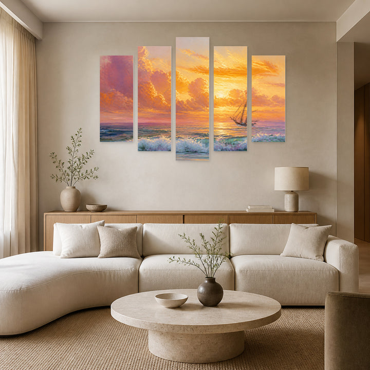 Golden Sunset over of Clouds — five-panel wall art in frontal interior | 5wallart 56169 M3