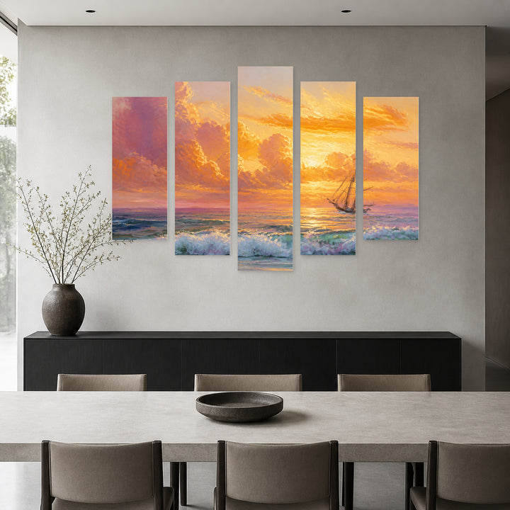 Golden Sunset over of Clouds — five-panel wall art in alternate frontal interior | 5wallart 56169 M4