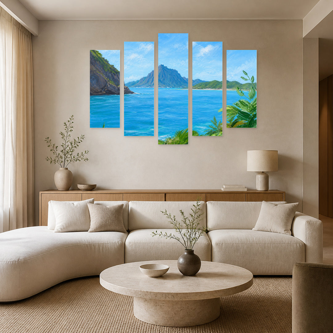 Seascape with Dreamlike Atmosphere II — five-panel wall art in alternate frontal interior | 5wallart 56170 M4